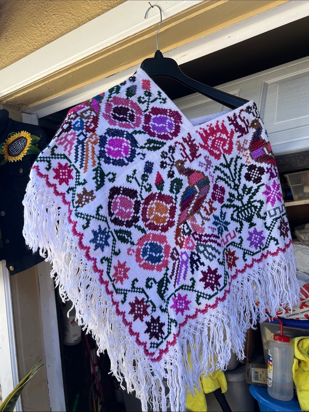 Handcrafted White Floral Embroidered Fringe Shawl